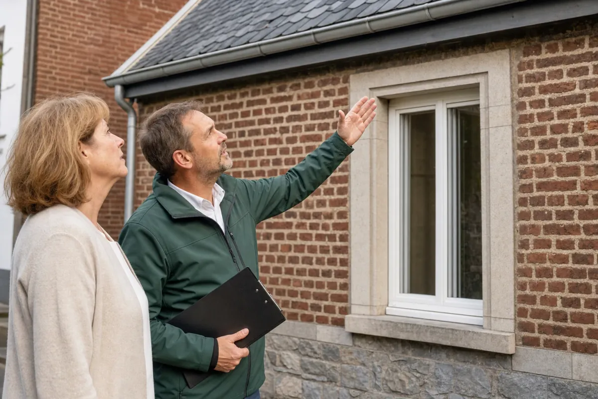 Ein Energieberater und eine Eigentümerin stehen vor einem für Aachen typischen Wohnhaus und sehen zum Dachrand hinauf.