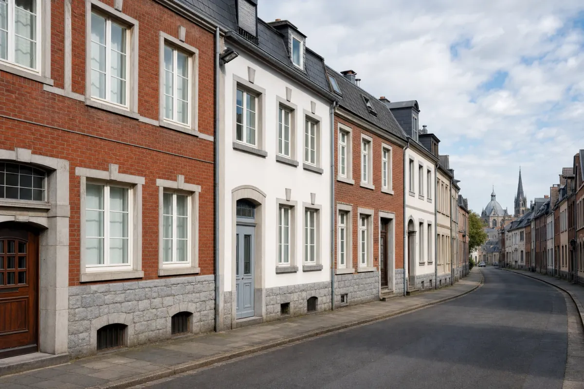 Wohnstraße in Aachen: die für die Stadt typische Bebauung, im Hintergrund über den Dächern ein Wahrzeichen der Stadt.