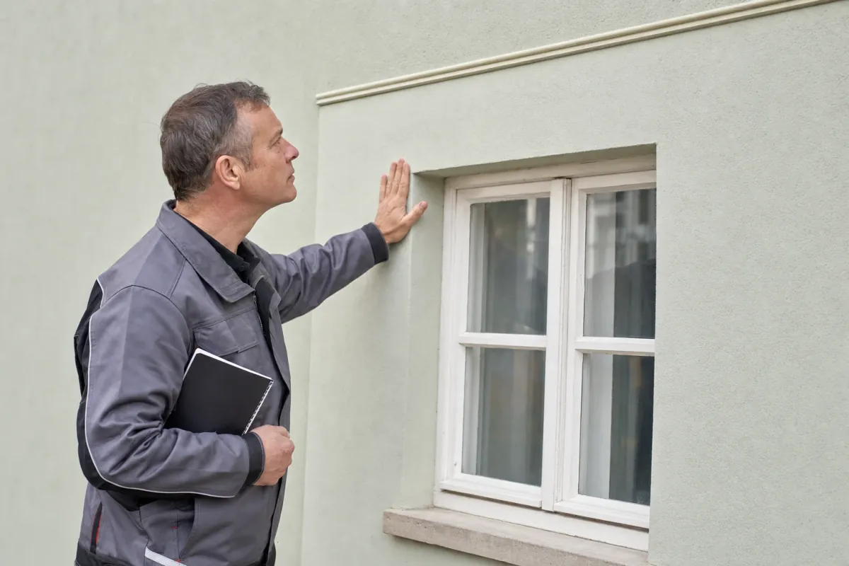 Ein Energieberater prüft von außen den Anschluss zwischen Fensterrahmen und Wand an einem für Augsburg typischen Wohnhaus.