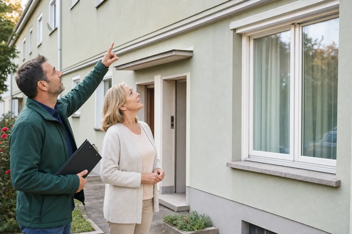 Ein Energieberater und eine Eigentümerin stehen vor einem für Augsburg typischen Wohnhaus und sehen zum Dachrand hinauf.