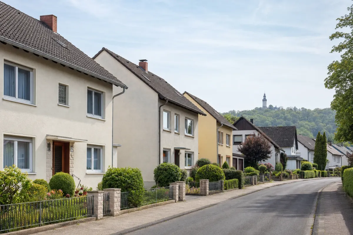 Wohnstraße in Bad Homburg: die für die Stadt typische Bebauung, im Hintergrund über den Dächern ein Wahrzeichen der Stadt.