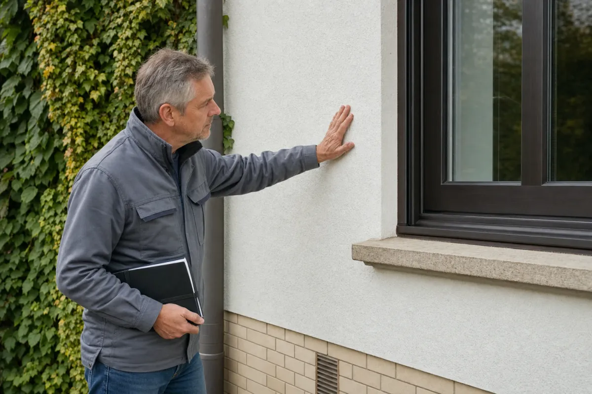 Ein Energieberater prüft von außen den Anschluss zwischen Fensterrahmen und Wand an einem für Bergisch Gladbach typischen Wohnhaus.