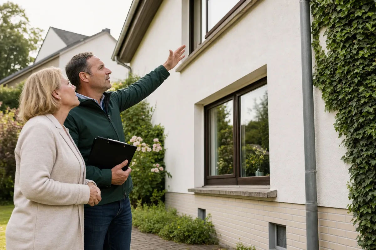 Ein Energieberater und eine Eigentümerin stehen vor einem für Bergisch Gladbach typischen Wohnhaus und sehen zum Dachrand hinauf.