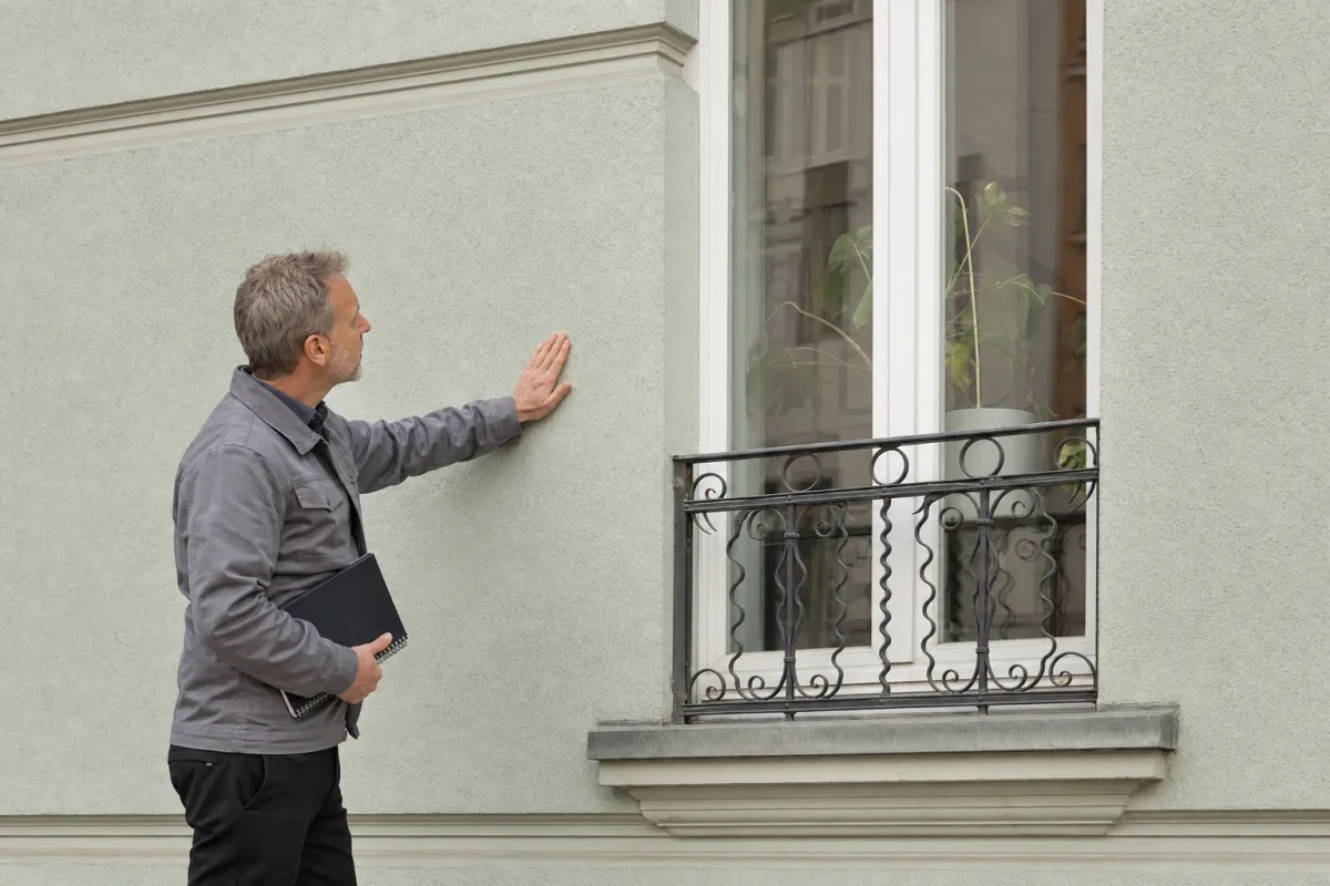 Ein Energieberater prüft von außen den Anschluss zwischen Fensterrahmen und Wand an einem für Berlin typischen Wohnhaus.