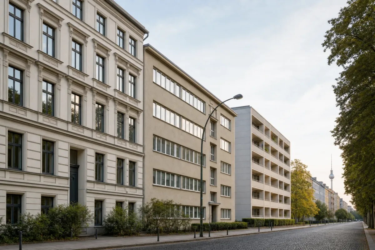 Wohnstraße in Berlin: die für die Stadt typische Bebauung, im Hintergrund über den Dächern ein Wahrzeichen der Stadt.