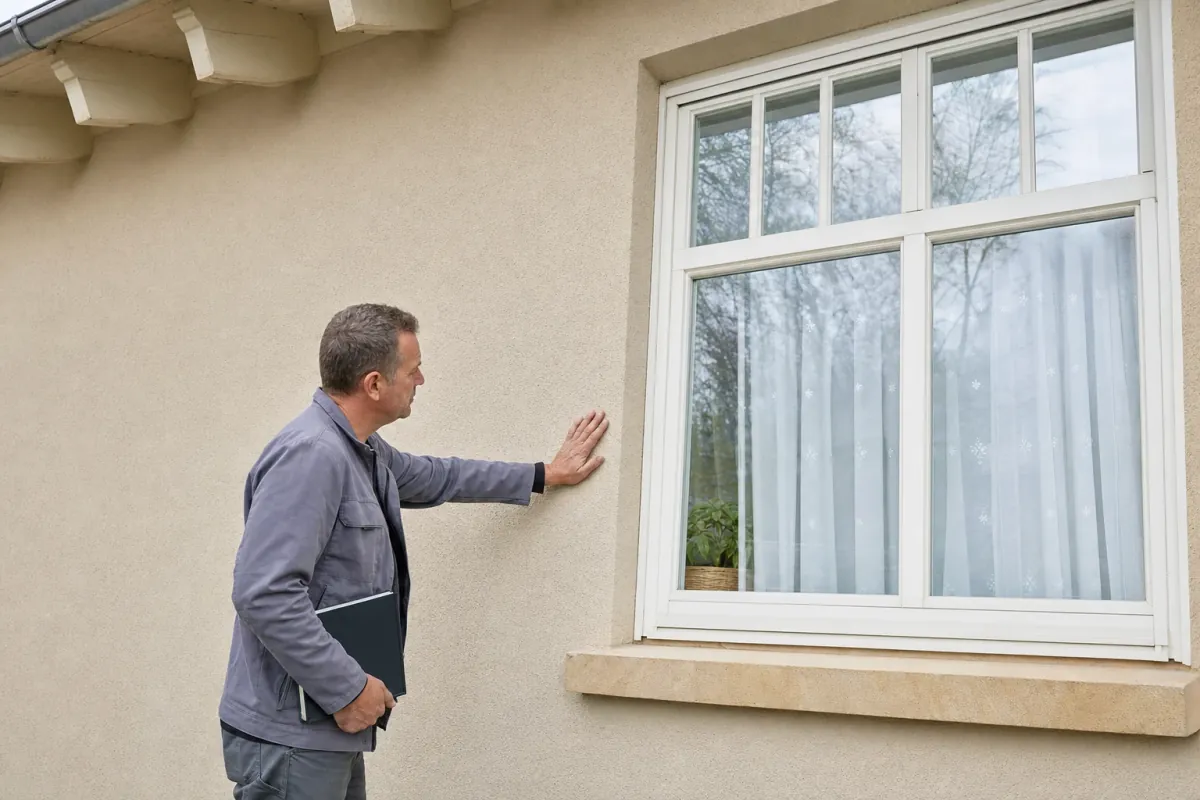 Ein Energieberater prüft von außen den Anschluss zwischen Fensterrahmen und Wand an einem für Bielefeld typischen Wohnhaus.