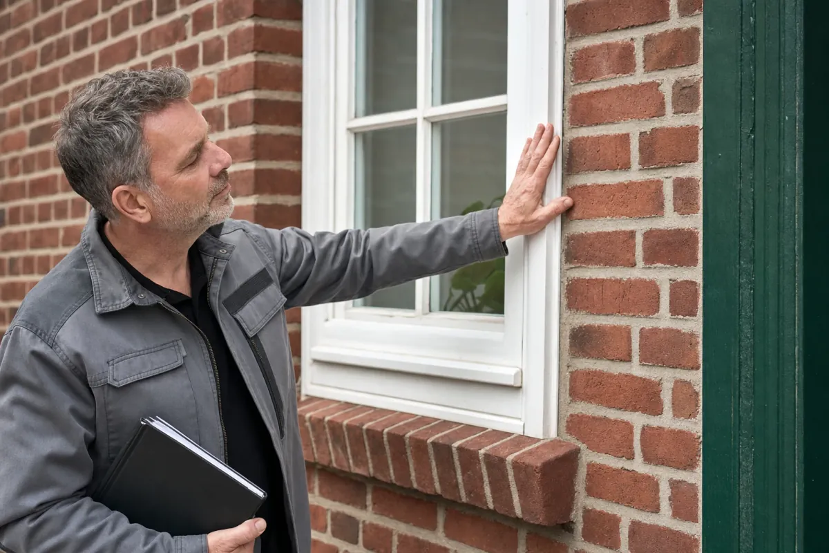 Ein Energieberater prüft von außen den Anschluss zwischen Fensterrahmen und Wand an einem für Bochum typischen Wohnhaus.