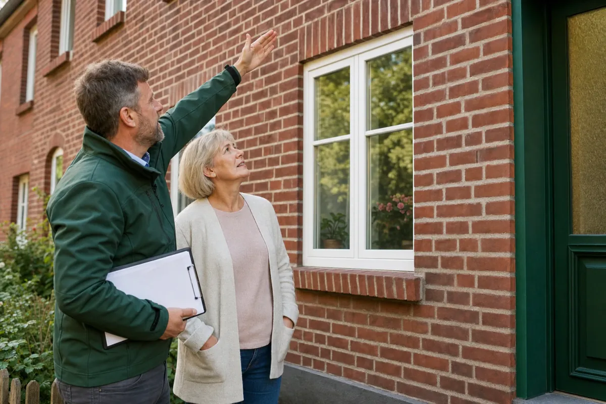 Ein Energieberater und eine Eigentümerin stehen vor einem für Bochum typischen Wohnhaus und sehen zum Dachrand hinauf.