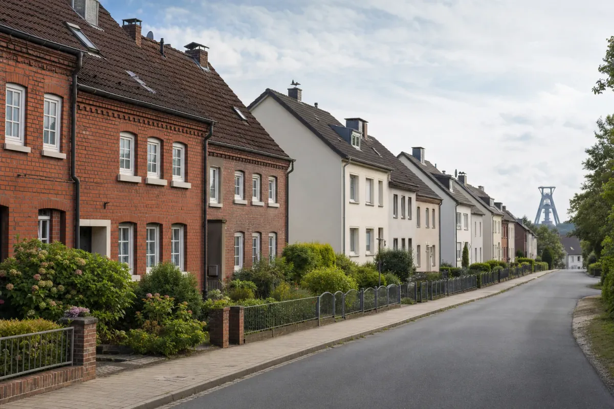 Wohnstraße in Bochum: die für die Stadt typische Bebauung, im Hintergrund über den Dächern ein Wahrzeichen der Stadt.
