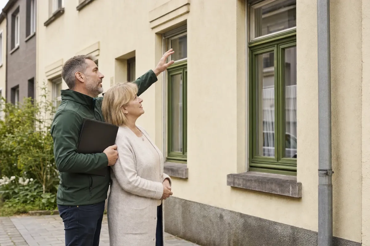 Ein Energieberater und eine Eigentümerin stehen vor einem für Bottrop typischen Wohnhaus und sehen zum Dachrand hinauf.