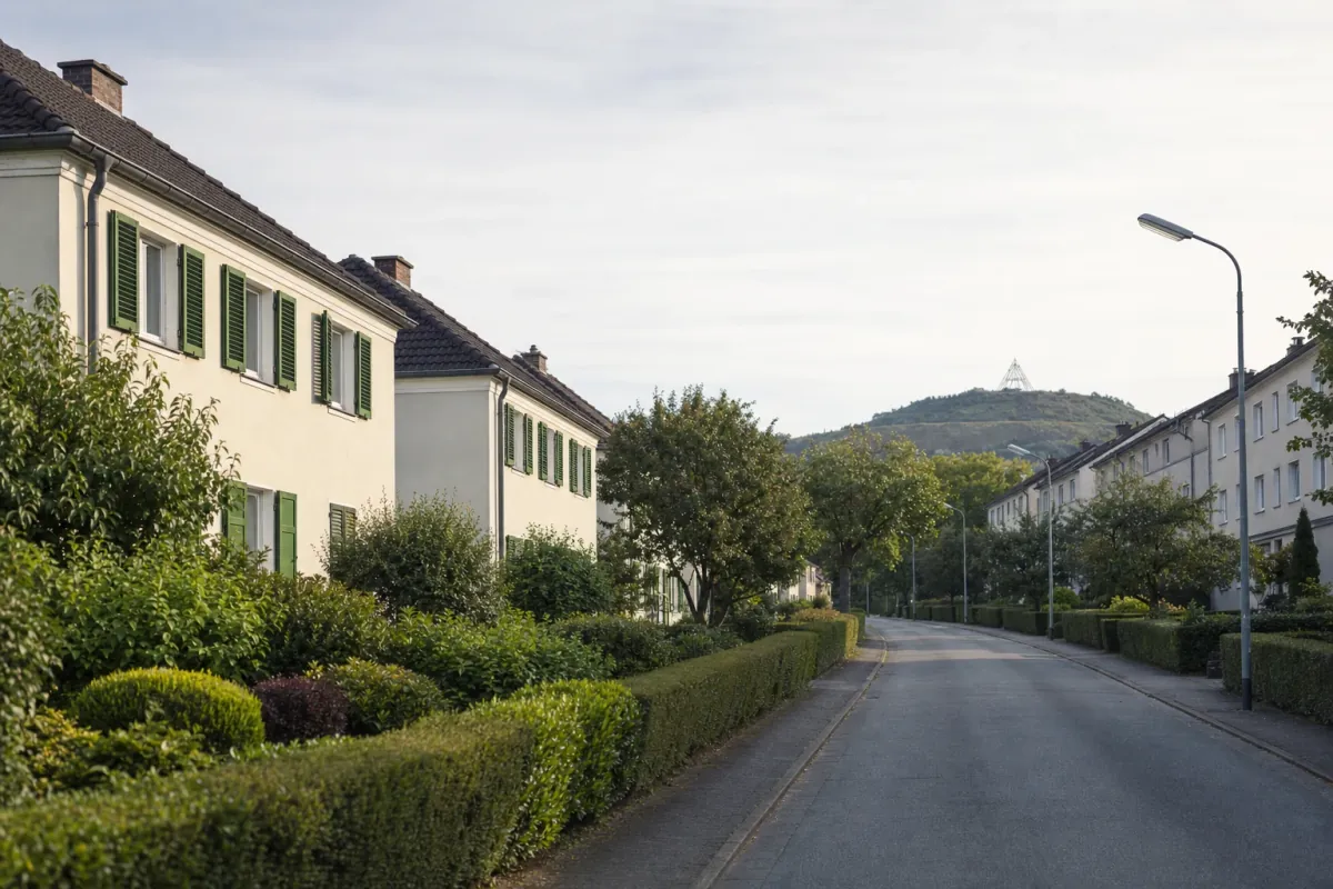 Wohnstraße in Bottrop: die für die Stadt typische Bebauung, im Hintergrund über den Dächern ein Wahrzeichen der Stadt.