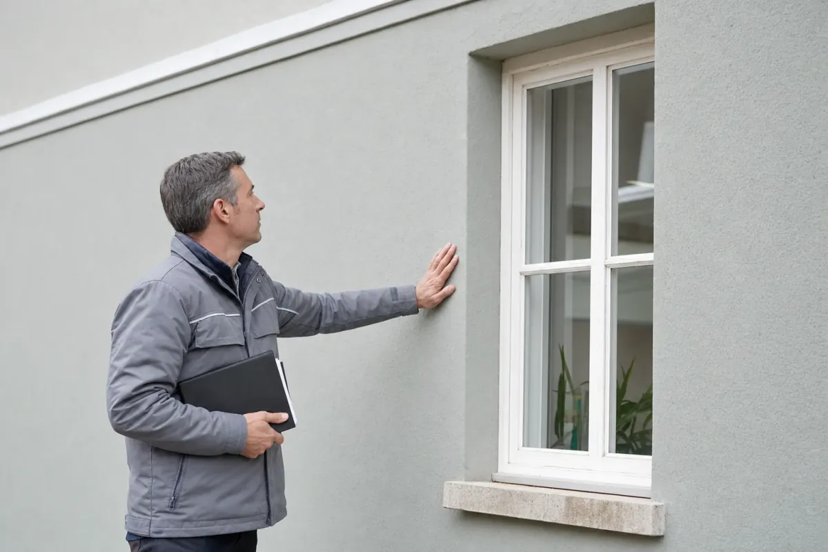 Ein Energieberater prüft von außen den Anschluss zwischen Fensterrahmen und Wand an einem für Braunschweig typischen Wohnhaus.