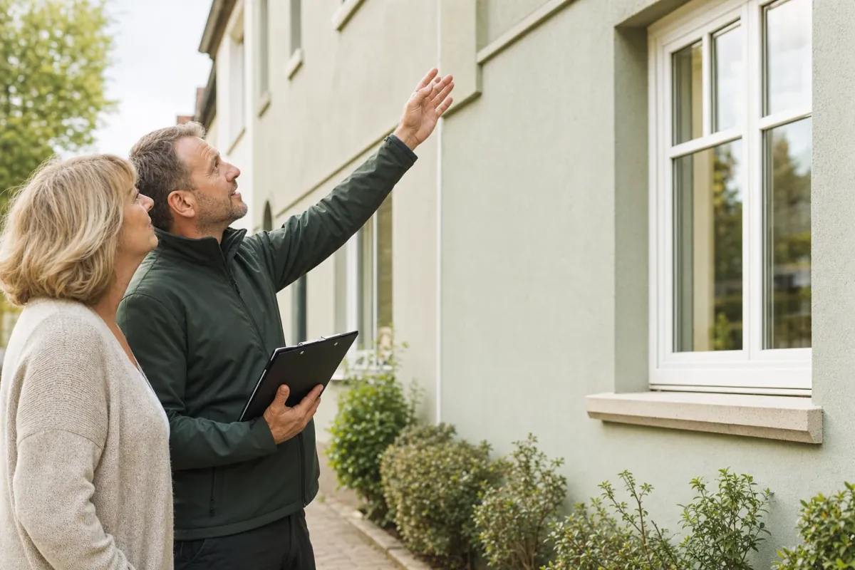 Ein Energieberater und eine Eigentümerin stehen vor einem für Braunschweig typischen Wohnhaus und sehen zum Dachrand hinauf.