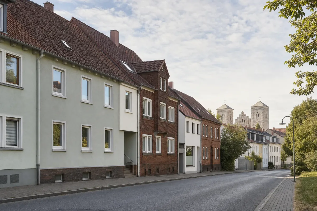 Wohnstraße in Braunschweig: die für die Stadt typische Bebauung, im Hintergrund über den Dächern ein Wahrzeichen der Stadt.