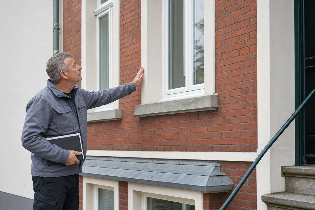 Ein Energieberater prüft von außen den Anschluss zwischen Fensterrahmen und Wand an einem für Bremen typischen Wohnhaus.