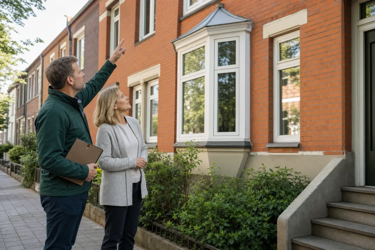 Ein Energieberater und eine Eigentümerin stehen vor einem für Bremen typischen Wohnhaus und sehen zum Dachrand hinauf.