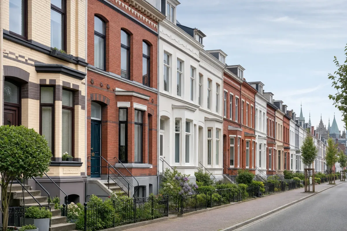 Wohnstraße in Bremen: die für die Stadt typische Bebauung, im Hintergrund über den Dächern ein Wahrzeichen der Stadt.