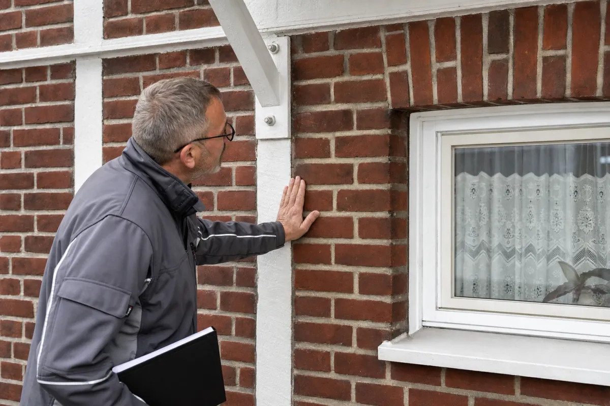 Ein Energieberater prüft von außen den Anschluss zwischen Fensterrahmen und Wand an einem für Bremerhaven typischen Wohnhaus.