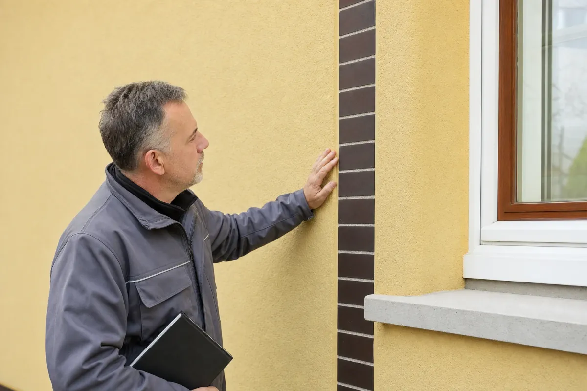Ein Energieberater prüft von außen den Anschluss zwischen Fensterrahmen und Wand an einem für Chemnitz typischen Wohnhaus.