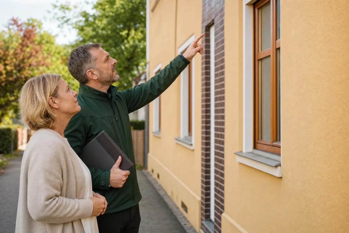 Ein Energieberater und eine Eigentümerin stehen vor einem für Chemnitz typischen Wohnhaus und sehen zum Dachrand hinauf.