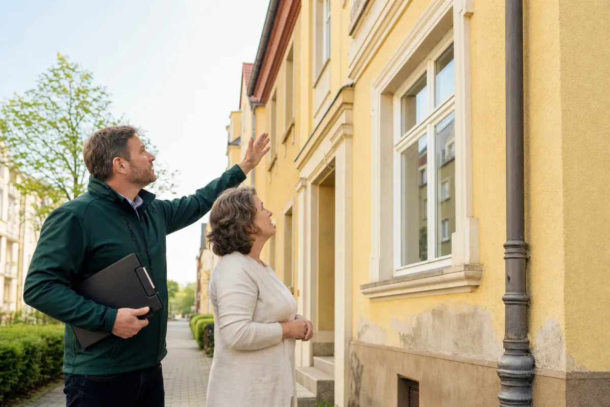Ein Energieberater und eine Eigentümerin stehen vor einem für Cottbus typischen Wohnhaus und sehen zum Dachrand hinauf.