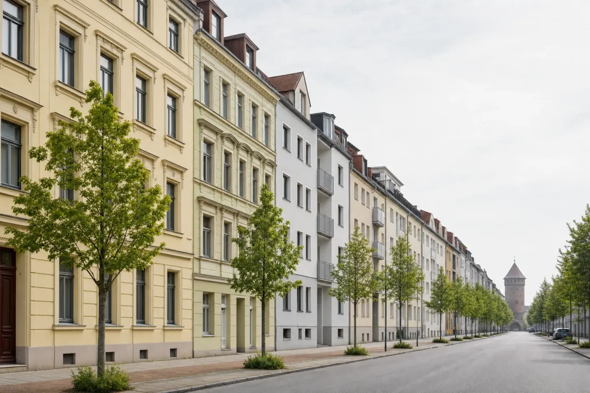 Wohnstraße in Cottbus: die für die Stadt typische Bebauung, im Hintergrund über den Dächern ein Wahrzeichen der Stadt.
