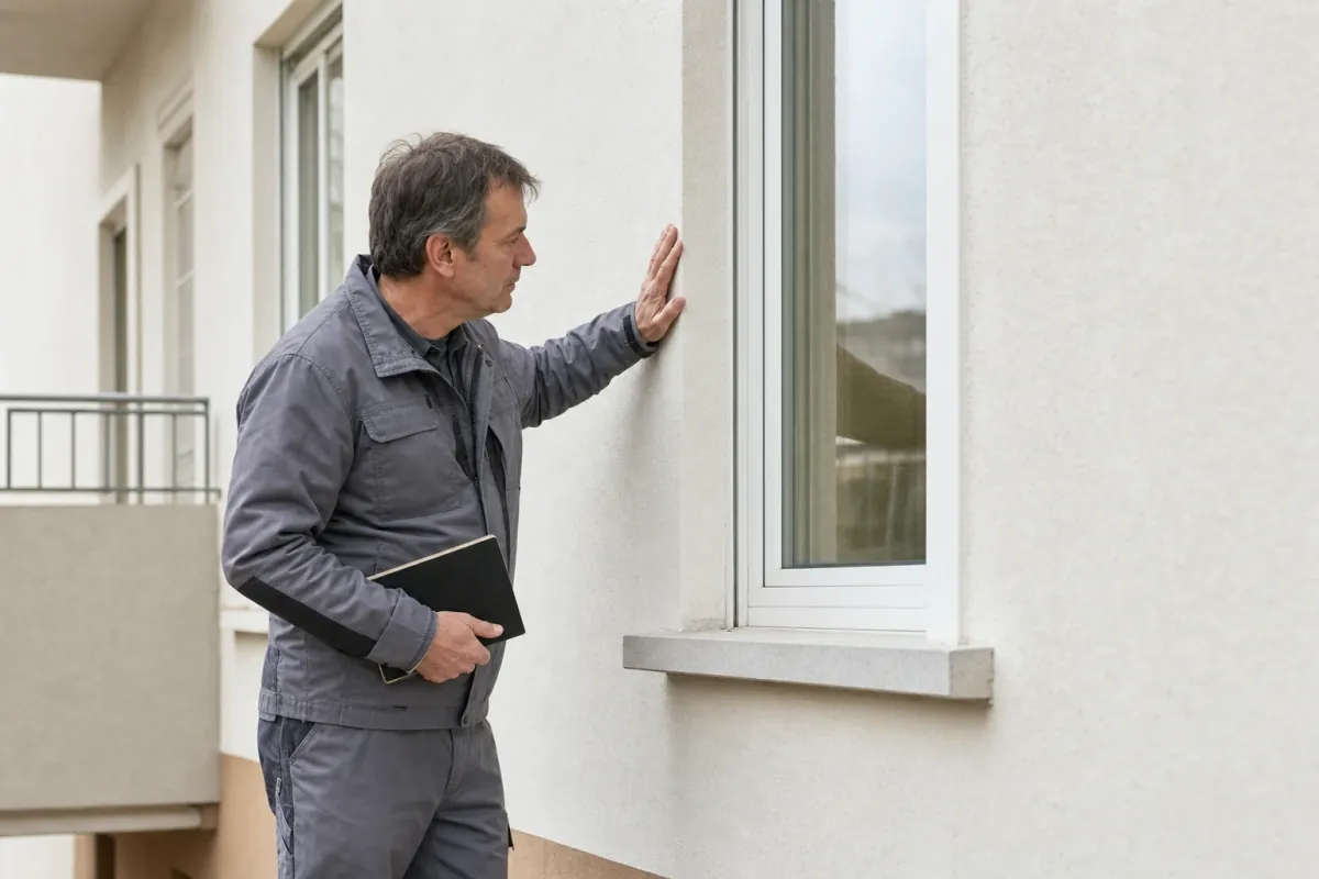 Ein Energieberater prüft von außen den Anschluss zwischen Fensterrahmen und Wand an einem für Darmstadt typischen Wohnhaus.