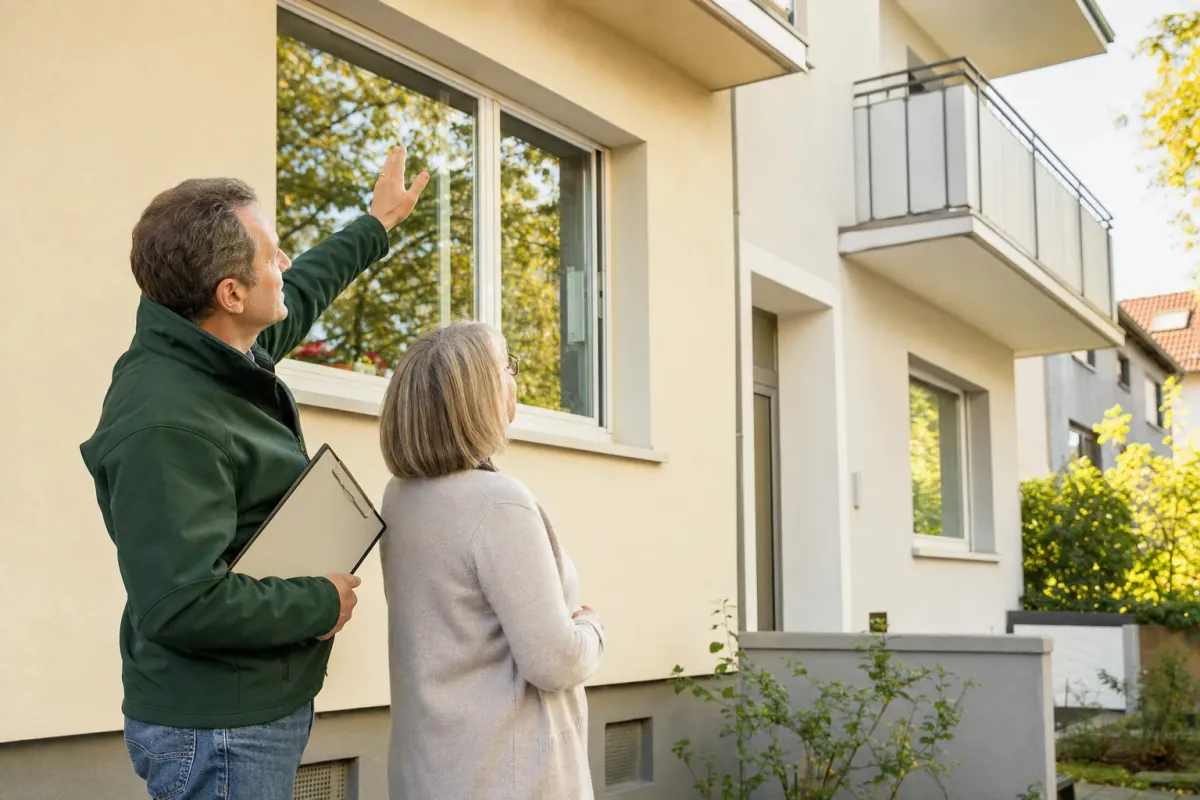 Ein Energieberater und eine Eigentümerin stehen vor einem für Darmstadt typischen Wohnhaus und sehen zum Dachrand hinauf.