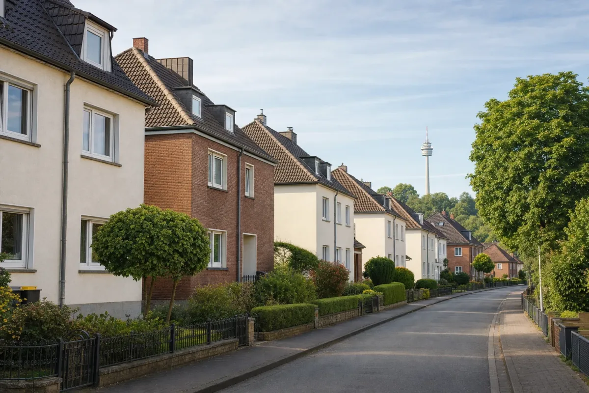 Wohnstraße in Dortmund: die für die Stadt typische Bebauung, im Hintergrund über den Dächern ein Wahrzeichen der Stadt.