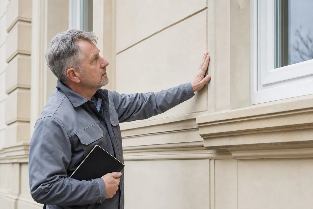 Ein Energieberater prüft von außen den Anschluss zwischen Fensterrahmen und Wand an einem für Dresden typischen Wohnhaus.