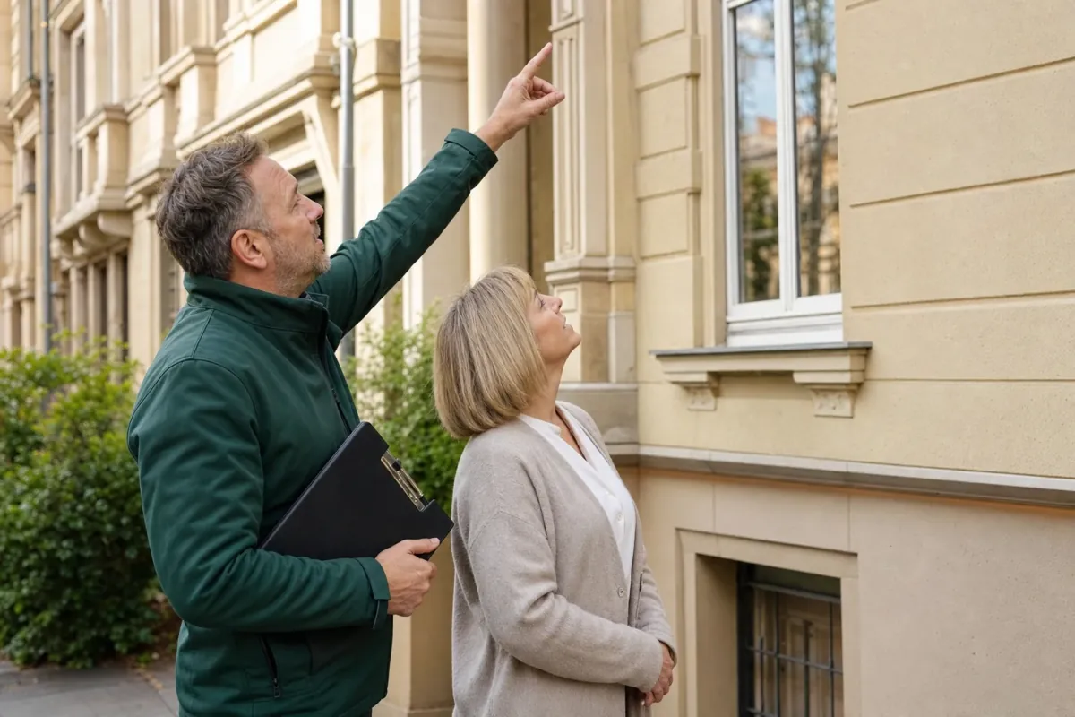 Ein Energieberater und eine Eigentümerin stehen vor einem für Dresden typischen Wohnhaus und sehen zum Dachrand hinauf.