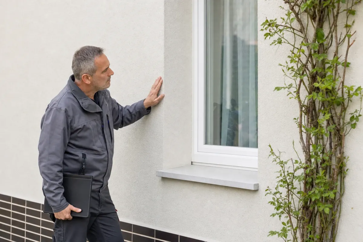 Ein Energieberater prüft von außen den Anschluss zwischen Fensterrahmen und Wand an einem für Düren typischen Wohnhaus.