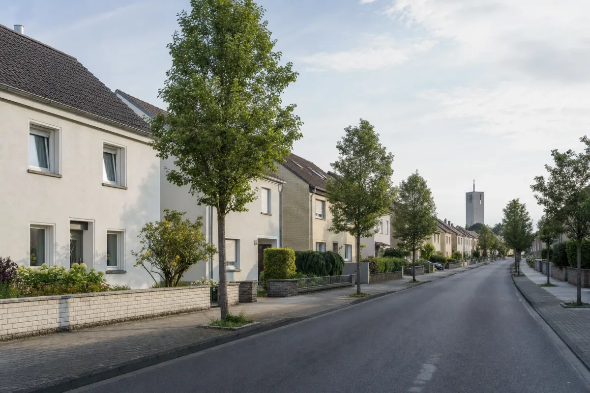 Wohnstraße in Düren: die für die Stadt typische Bebauung, im Hintergrund über den Dächern ein Wahrzeichen der Stadt.