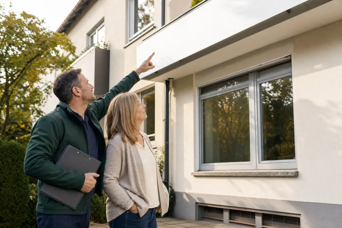 Ein Energieberater und eine Eigentümerin stehen vor einem für Düsseldorf typischen Wohnhaus und sehen zum Dachrand hinauf.
