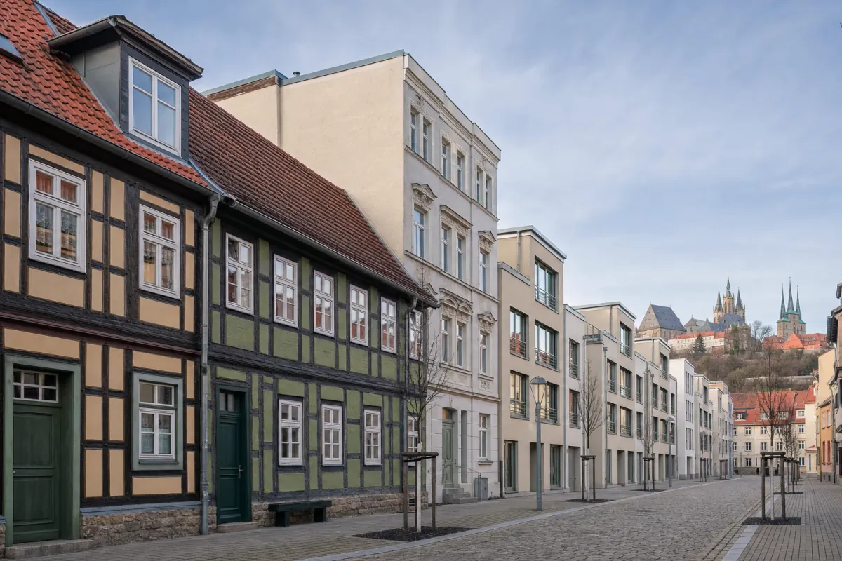 Wohnstraße in Erfurt: die für die Stadt typische Bebauung, im Hintergrund über den Dächern ein Wahrzeichen der Stadt.