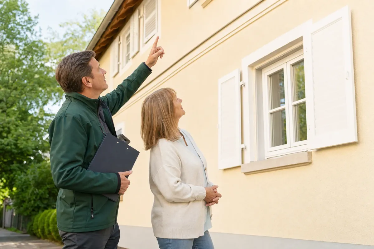 Ein Energieberater und eine Eigentümerin stehen vor einem für Erlangen typischen Wohnhaus und sehen zum Dachrand hinauf.