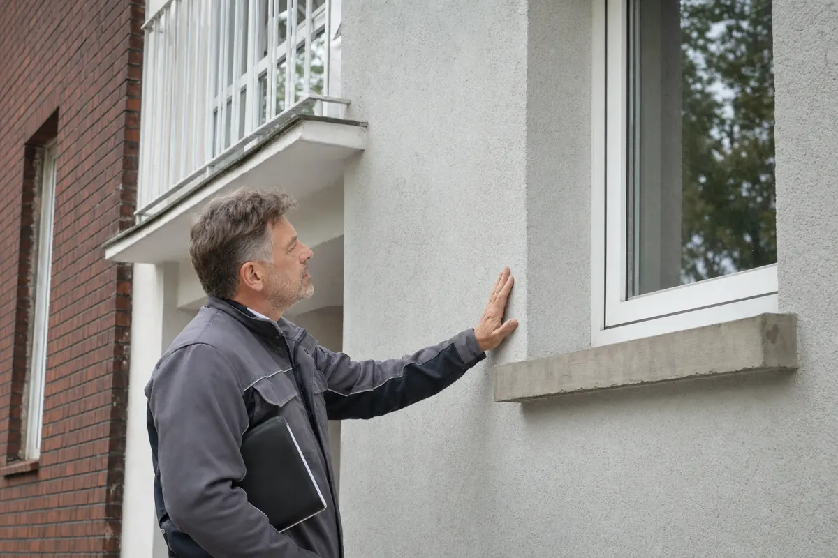 Ein Energieberater prüft von außen den Anschluss zwischen Fensterrahmen und Wand an einem für Essen typischen Wohnhaus.