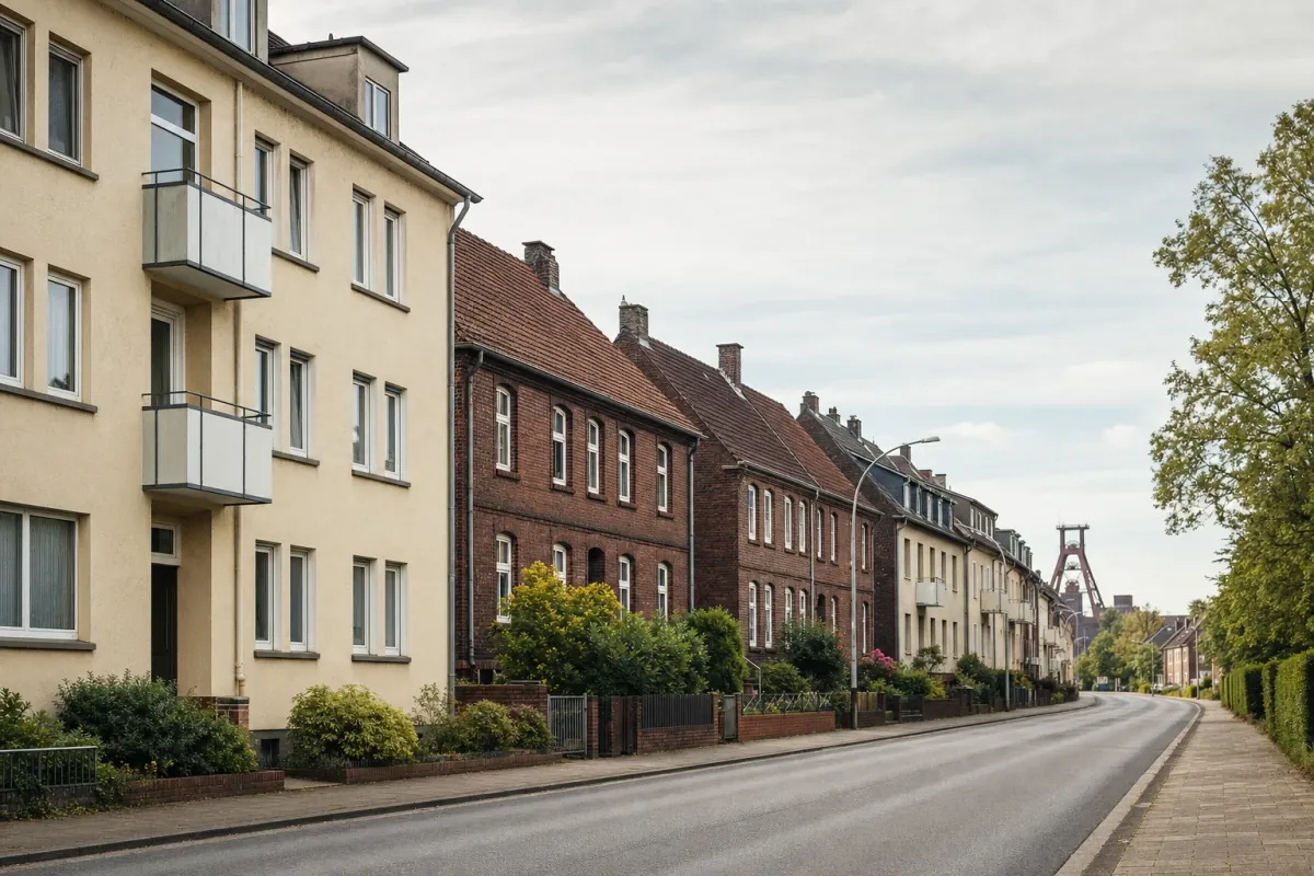 Wohnstraße in Essen: die für die Stadt typische Bebauung, im Hintergrund über den Dächern ein Wahrzeichen der Stadt.