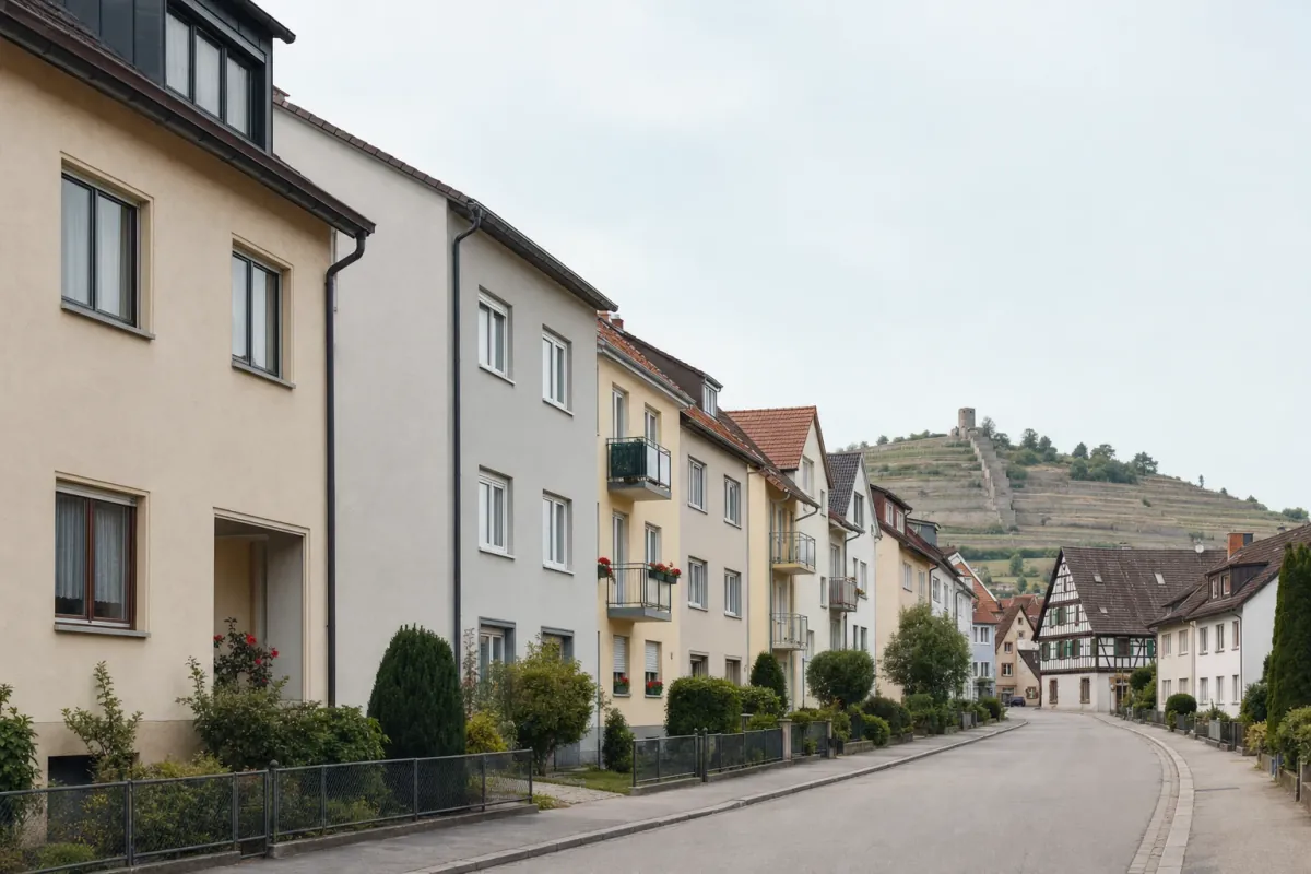 Wohnstraße in Esslingen: die für die Stadt typische Bebauung, im Hintergrund über den Dächern ein Wahrzeichen der Stadt.