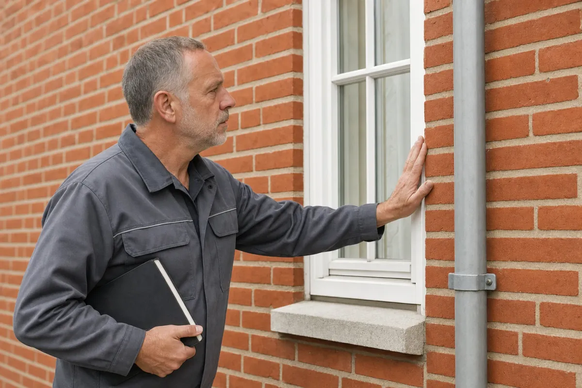 Ein Energieberater prüft von außen den Anschluss zwischen Fensterrahmen und Wand an einem für Flensburg typischen Wohnhaus.