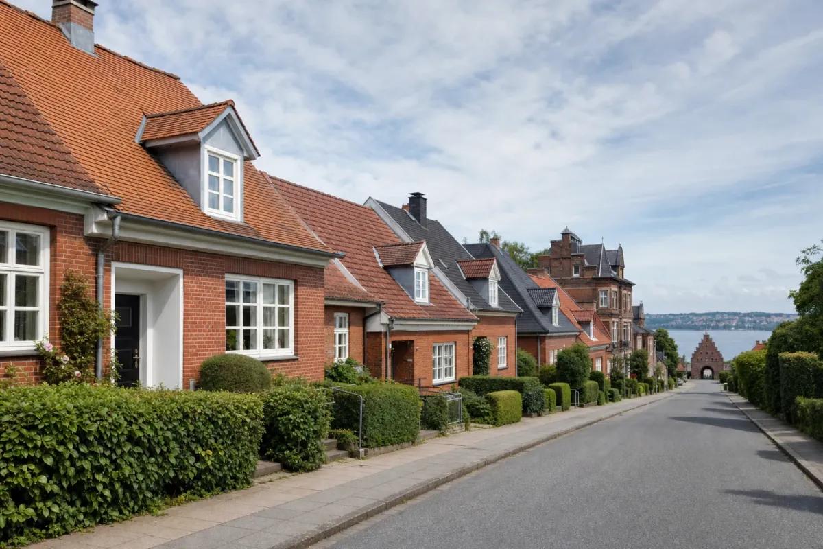 Wohnstraße in Flensburg: die für die Stadt typische Bebauung, im Hintergrund über den Dächern ein Wahrzeichen der Stadt.