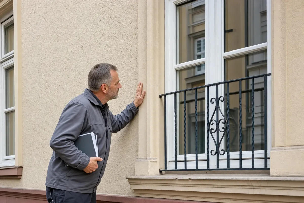 Ein Energieberater prüft von außen den Anschluss zwischen Fensterrahmen und Wand an einem für Frankfurt am Main typischen Wohnhaus.