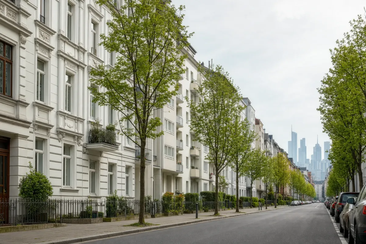 Wohnstraße in Frankfurt am Main: die für die Stadt typische Bebauung, im Hintergrund über den Dächern ein Wahrzeichen der Stadt.