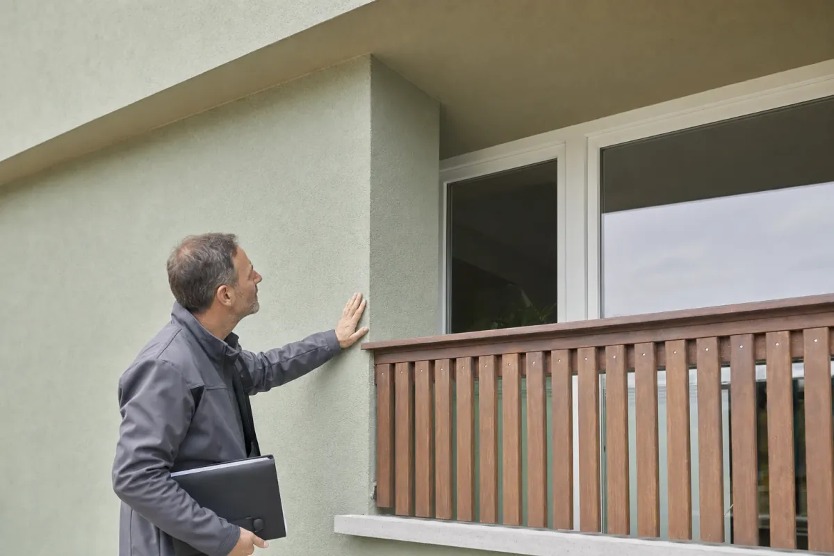 Ein Energieberater prüft von außen den Anschluss zwischen Fensterrahmen und Wand an einem für Freiburg typischen Wohnhaus.
