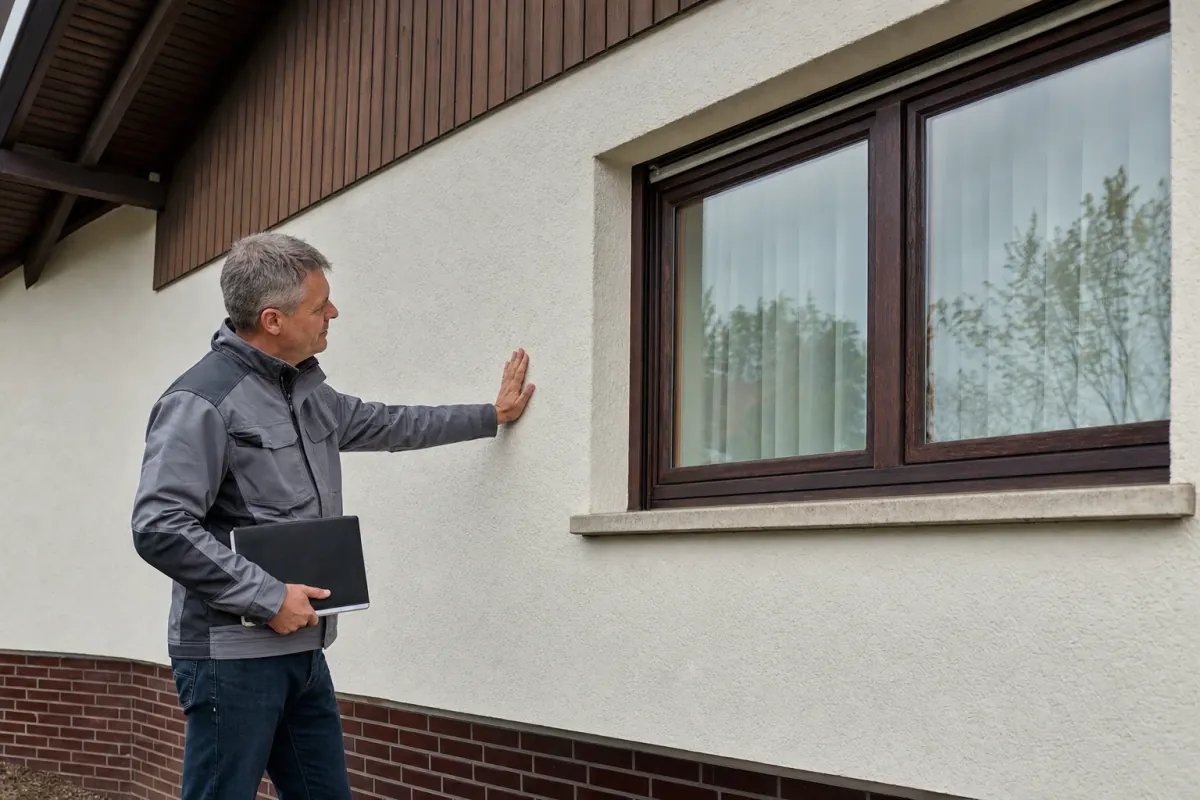 Ein Energieberater prüft von außen den Anschluss zwischen Fensterrahmen und Wand an einem für Friedrichsdorf typischen Wohnhaus.