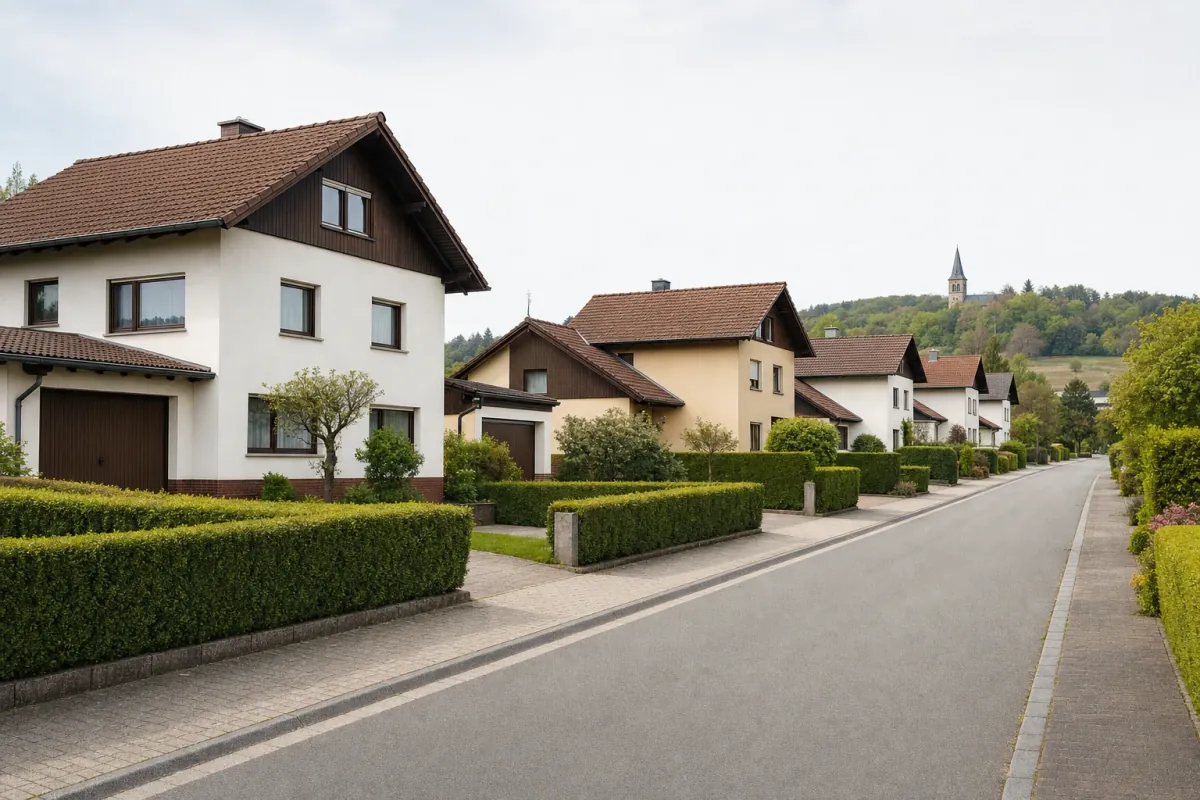 Wohnstraße in Friedrichsdorf: die für die Stadt typische Bebauung, im Hintergrund über den Dächern ein Wahrzeichen der Stadt.