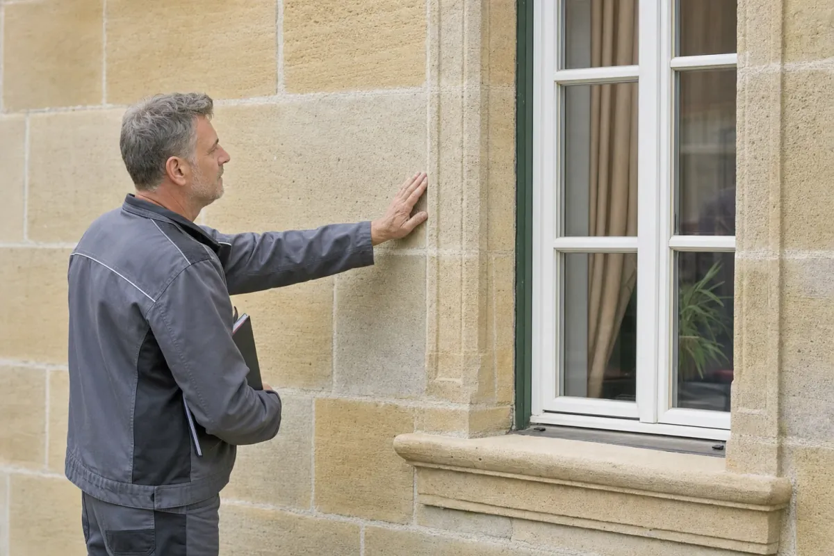 Ein Energieberater prüft von außen den Anschluss zwischen Fensterrahmen und Wand an einem für Fürth typischen Wohnhaus.