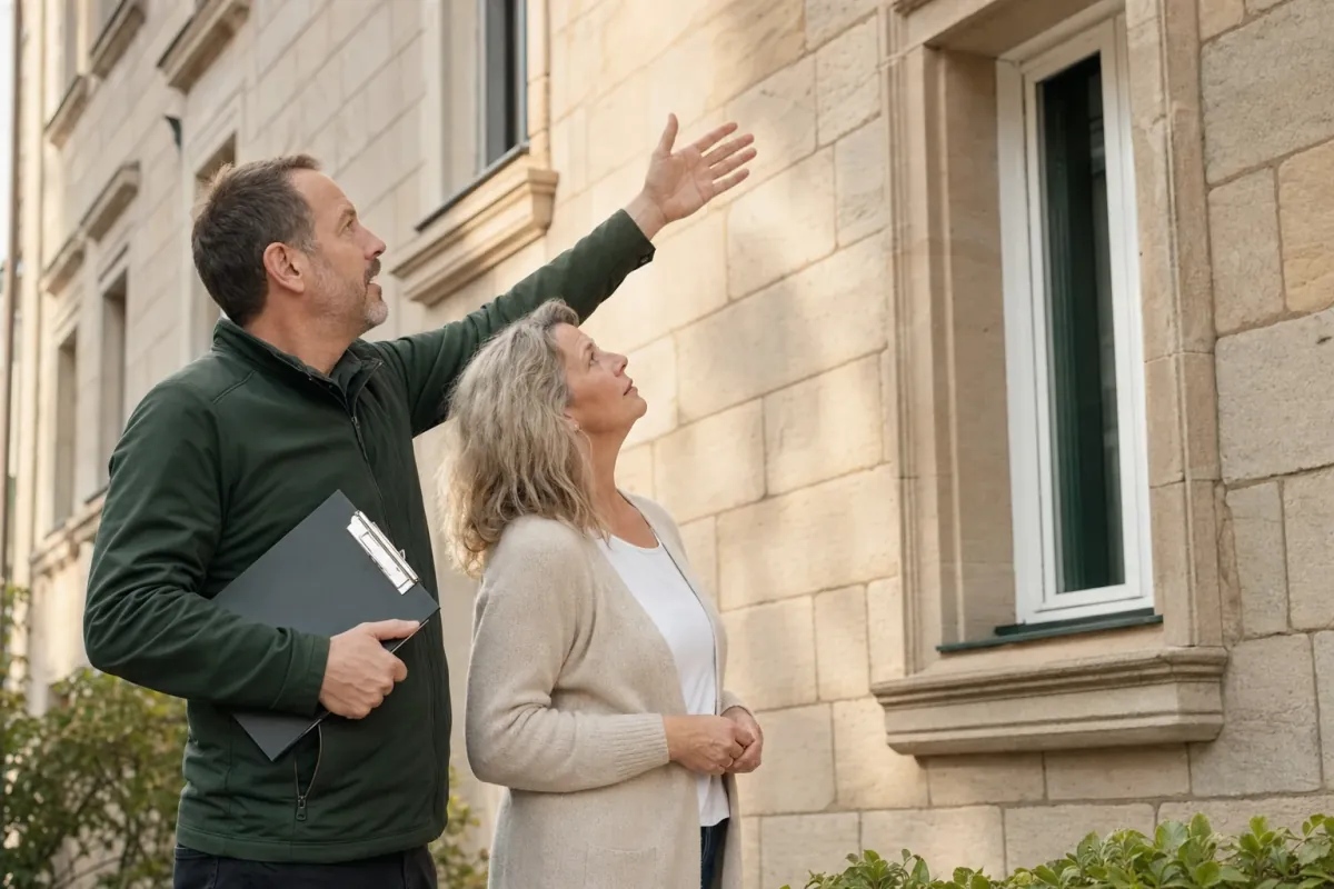 Ein Energieberater und eine Eigentümerin stehen vor einem für Fürth typischen Wohnhaus und sehen zum Dachrand hinauf.