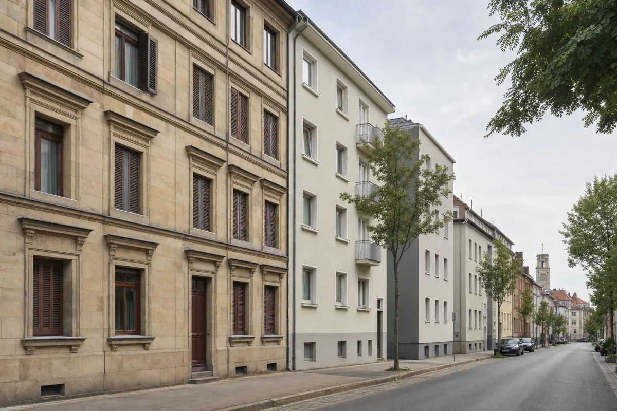 Wohnstraße in Fürth: die für die Stadt typische Bebauung, im Hintergrund über den Dächern ein Wahrzeichen der Stadt.