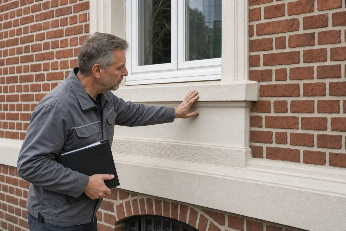 Ein Energieberater prüft von außen den Anschluss zwischen Fensterrahmen und Wand an einem für Gelsenkirchen typischen Wohnhaus.